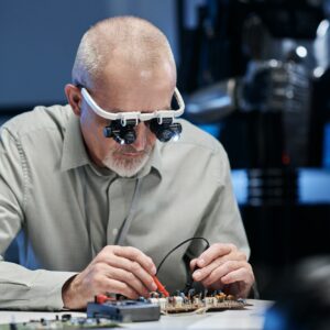 Developer soldering motherboard at table