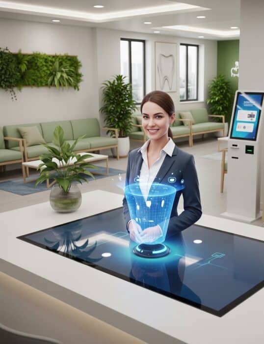 Futuristic AI assistant interacting with holographic display in modern office.