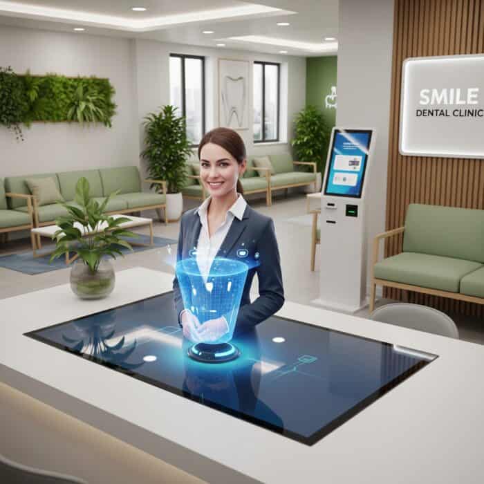 Futuristic AI-enabled dental reception with holographic interface at Sydney dental clinic.
