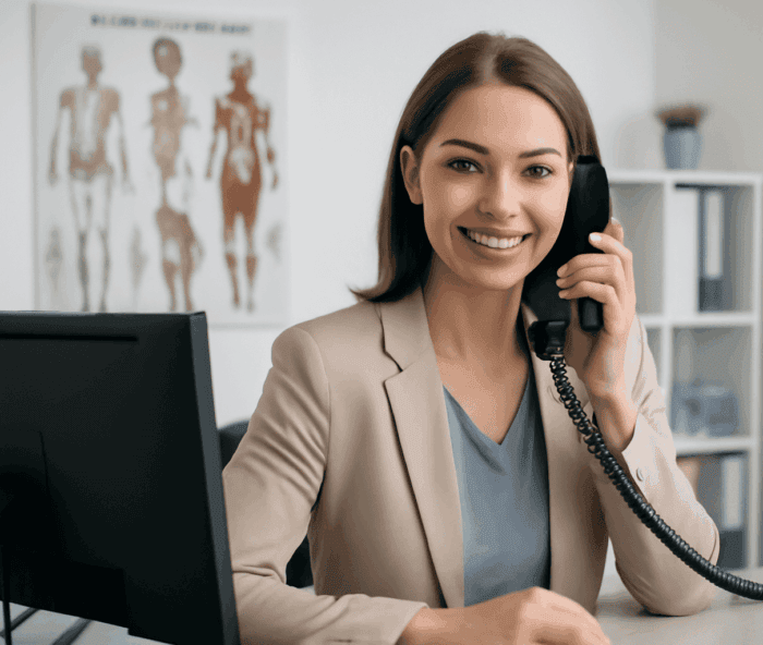 Phone support representative in medical office, smiling woman holding a phone, customer service agent with modern medical background, professional healthcare assistant, medical receptionist working at reception desk.