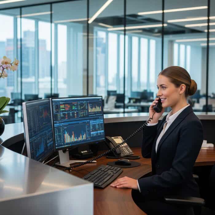 High-tech financial trading office with woman using phone, multiple monitors displaying stock market charts and data, modern business environment, AI-powered trading solutions.