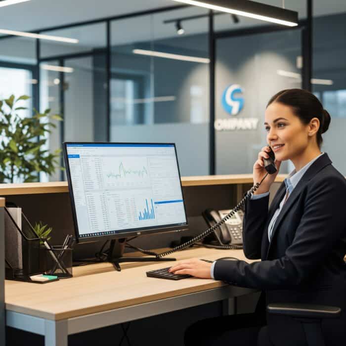 AiDial customer service representative working with analytics software in an office environment.