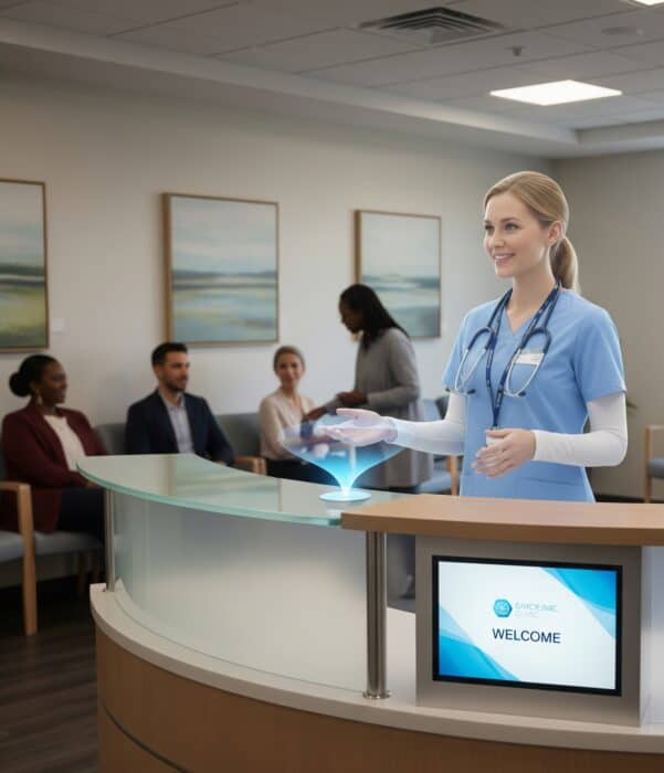 AI-powered healthcare reception with receptionist using holographic interface at clinic.