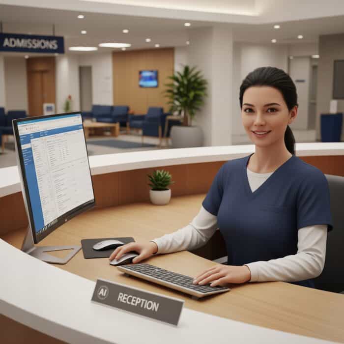 Smart reception staff using AI-powered dialer system at hospital reception, optimising appointments and patient communication, enhancing healthcare customer service efficiency.