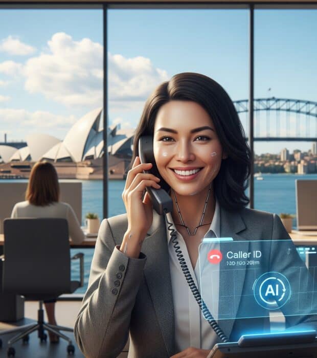 Smiling woman using AI-powered virtual assistant with Sydney Harbour Bridge view.