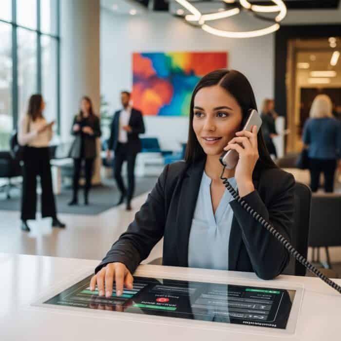 High-tech AiDialer system at modern call centre, advanced automated customer service platform, AI-powered communication technology for improved business efficiency, Australia.