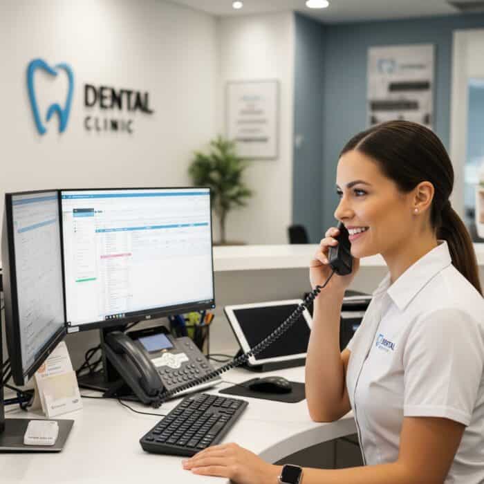 Modern dental clinic receptionist using AI-powered scheduling software and customer support technology.