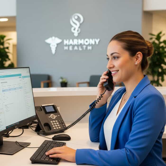 Seamless AI-powered customer service solutions at Harmony Health reception, using AI Dial for efficient communication and healthcare management.