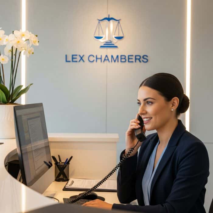 Corporate reception desk with receptionist using phone at Lex Chambers office, legal services.