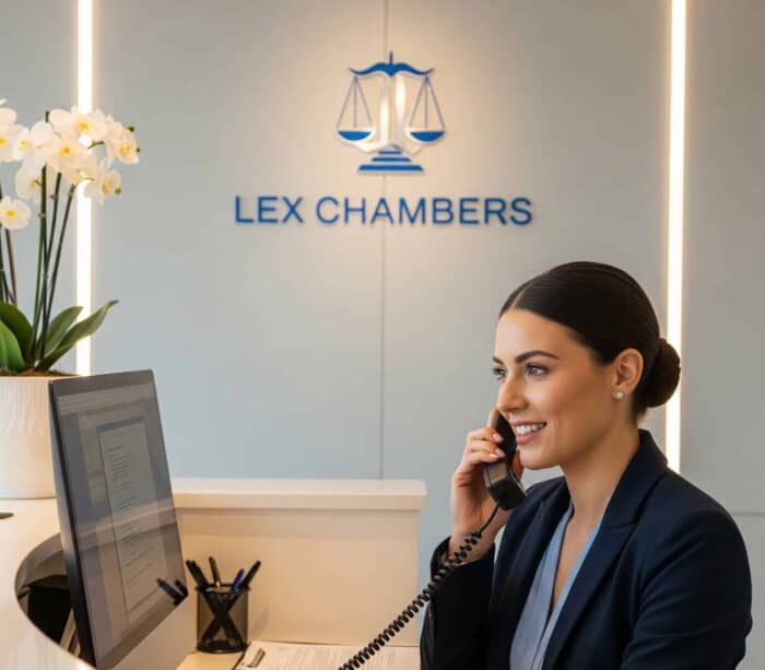 Corporate reception desk with receptionist using phone at Lex Chambers office, legal services.