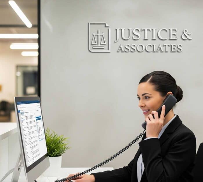 Professional customer service representative using AI dialer system at Justice & Associates law firm, providing efficient legal call management in Australia.