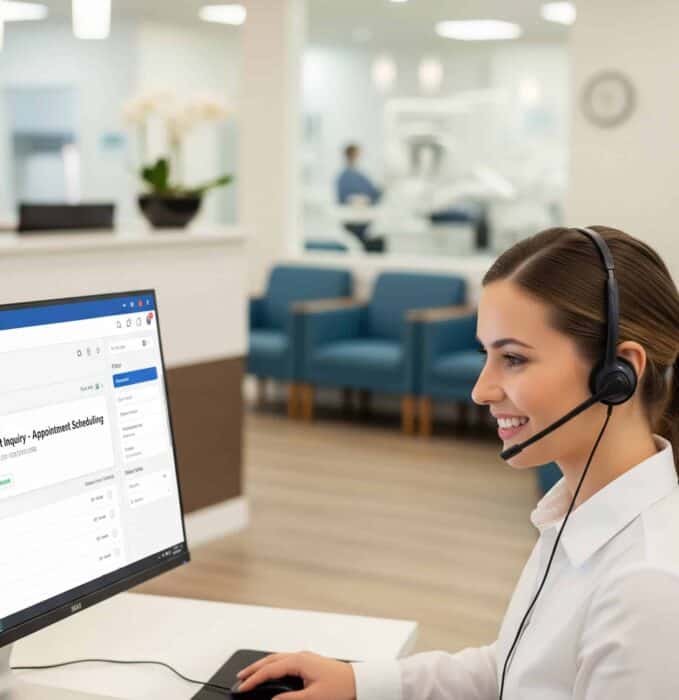 Efficient customer service representative using AiDial call management software in an office setting.