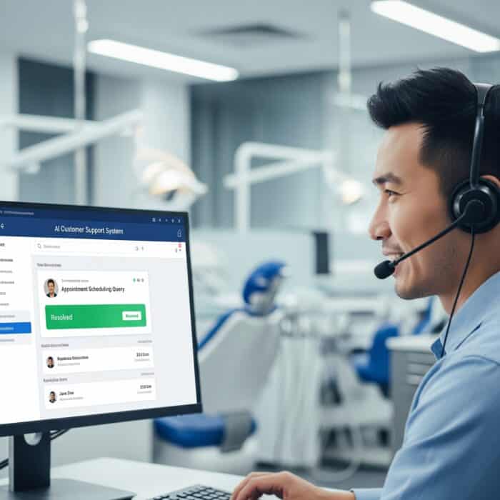 Advanced AI-powered customer support system interface with chatbot technology in a modern healthcare setting.