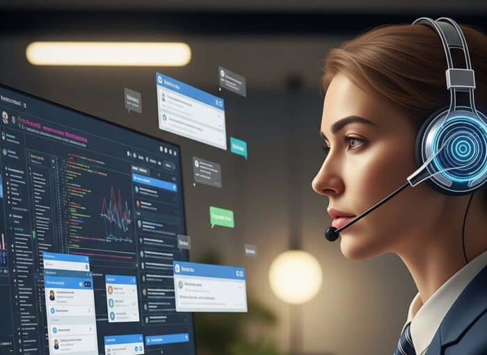 High-tech customer support agent using AI-powered call centre software with digital dashboard and live data analysis in a modern office setting.