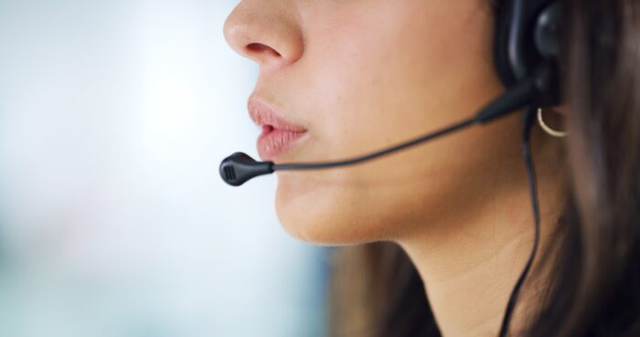 inbound outbound call center - Call center, consultant and mouth of woman with headset for inbound assistance, customer su...