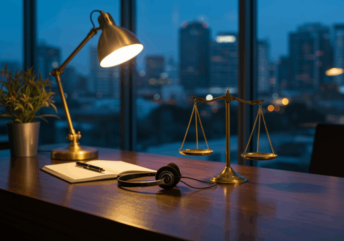 Modern office desk with a brass balance scale, headphones, notebook, pen, desk lamp, and a city skyline view at dusk for professional legal or business settings.