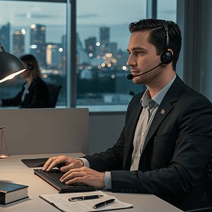 Efficient customer support representative working in an office with a headset during evening hours.