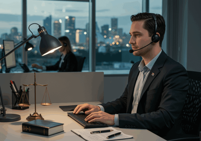 Efficient customer support representative working in an office with a headset during evening hours.