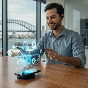 Futuristic AI-powered virtual assistant interface with smartphone, man smiling, Sydney Harbour Bridge view, Sydney Opera House, modern technology, innovative customer service solution, AI dial.