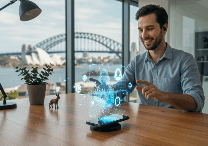 Futuristic AI-powered virtual assistant interface with smartphone, man smiling, Sydney Harbour Bridge view, Sydney Opera House, modern technology, innovative customer service solution, AI dial.