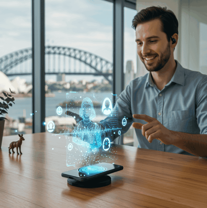 Futuristic AI-powered virtual assistant interface with smartphone, man smiling, Sydney Harbour Bridge view, Sydney Opera House, modern technology, innovative customer service solution, AI dial.