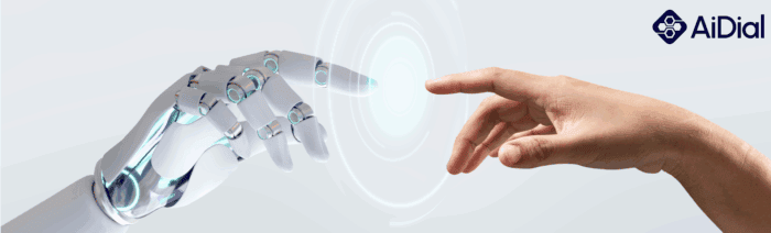 Futuristic robotic hand reaching out to touch a human finger, symbolising AI and automation in customer service, digital transformation, and innovative AI solutions by AiDial.