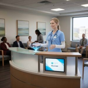 Futuristic hospital reception with holographic technology and medical staff, showcasing innovative healthcare solutions and digital patient engagement.