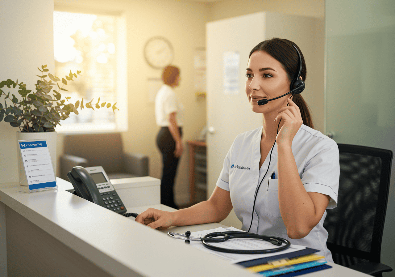 Friendly female healthcare professional with headset providing telehealth or medical consultation in a modern clinic setting.