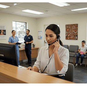 AI Dial customer service representative using a headset at reception desk in a healthcare or clinic setting, providing support and information for patients.