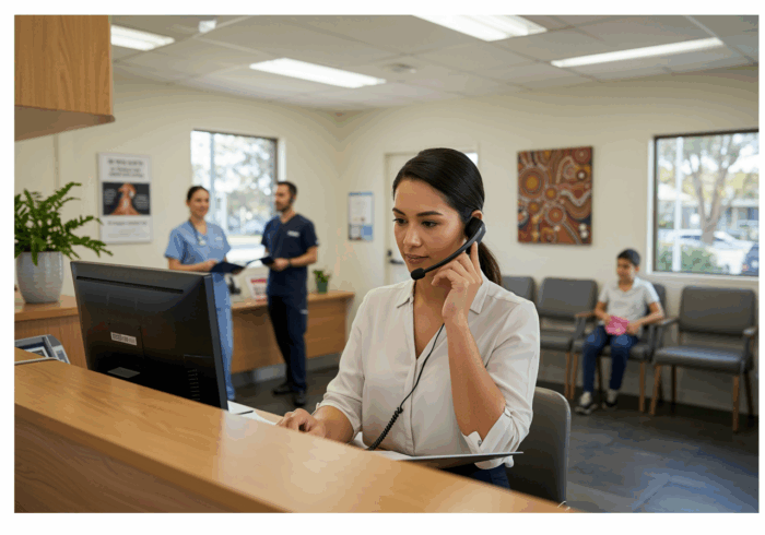 AI Dial customer service representative using a headset at reception desk in a healthcare or clinic setting, providing support and information for patients.