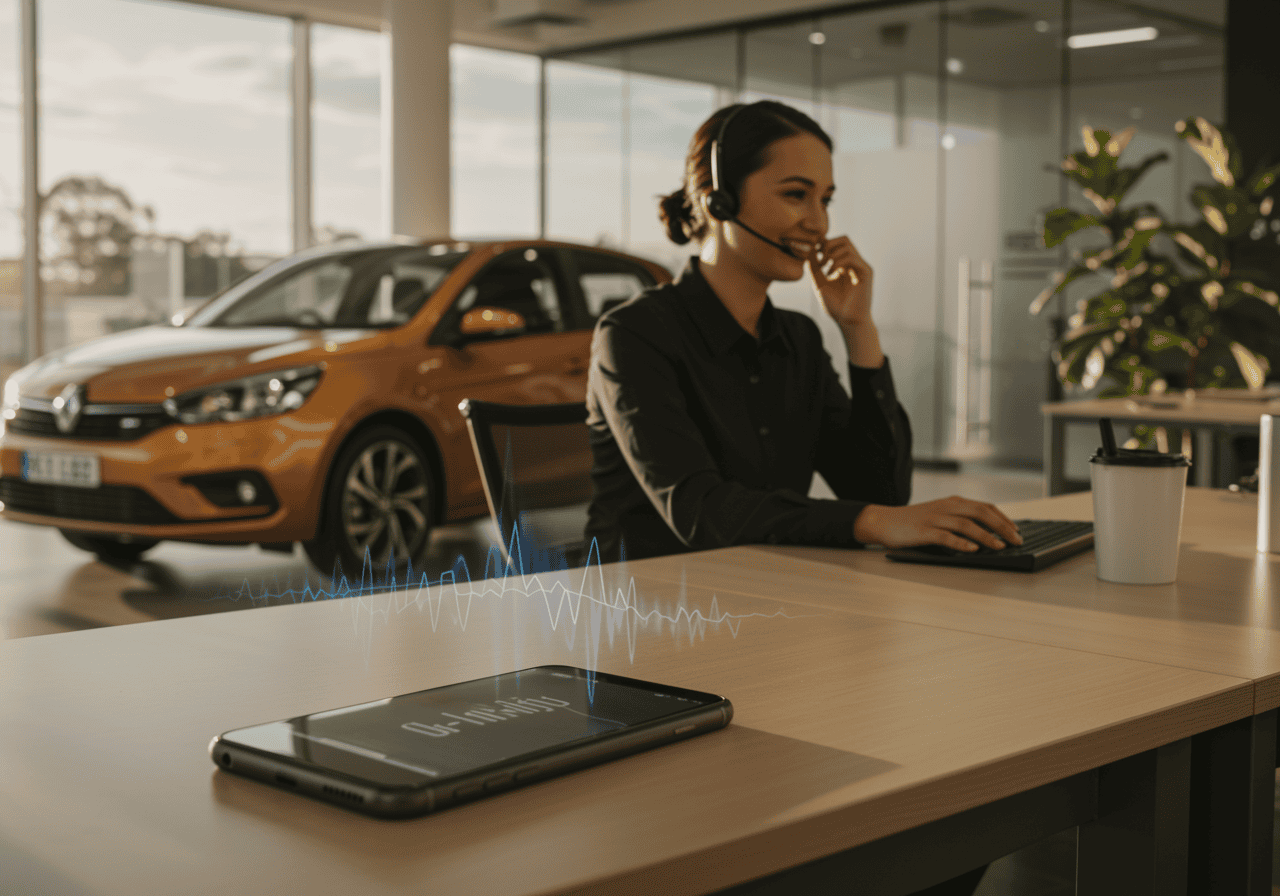 Responsive AI-powered customer service call centre agent with headset in modern showroom.