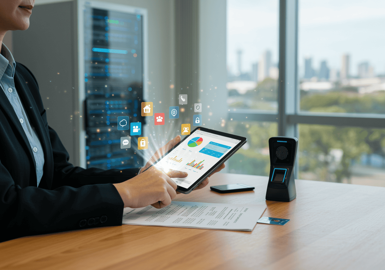 AI-powered call management software interface on tablet at modern office.