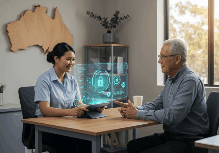 Advanced cybersecurity technology conversation between a young professional woman and an older man, digital security hologram, office setting, Australia, secure data protection, innovative tech.