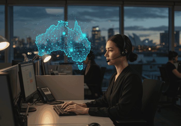 Australia map hologram with digital network overlay over a woman SaaS customer service agent in modern office.