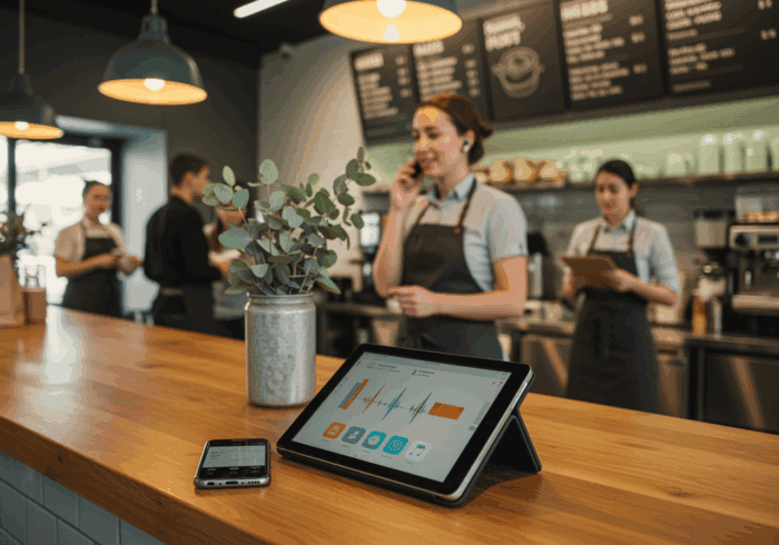 AiDial customer service dashboard and team on-call in a modern café environment, showcasing AI-powered communication and cafe operations management for SEO optimisation.