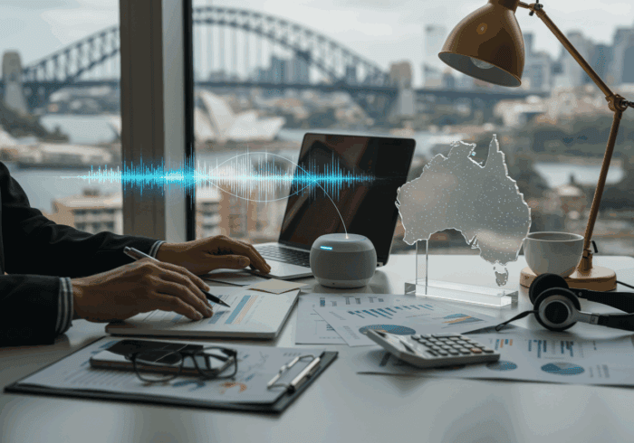 Modern AI-powered call automation technology at work in an office environment with a city view, featuring smart devices, charts, and a hologram of Australia for enhanced customer engagement.