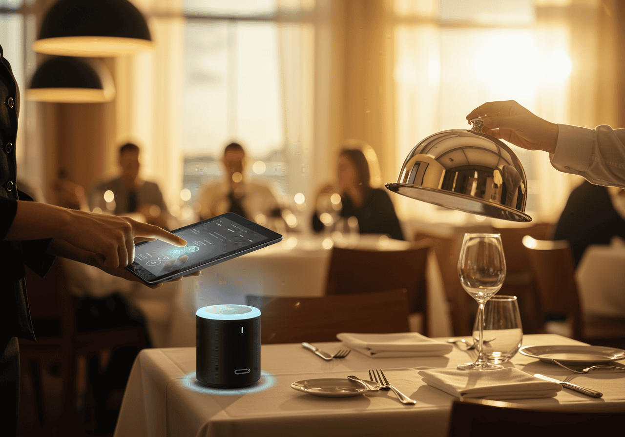 Smart restaurant automation with AI-powered devices, touchscreen control, and seamless service delivery, enhancing dining experience and operational efficiency.