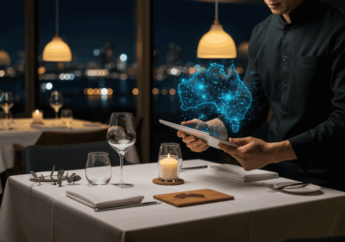 Futuristic digital map hologram in a fine dining restaurant with table settings, candlelight, and city skyline background, showcasing AI and technology integration in hospitality, Australia.