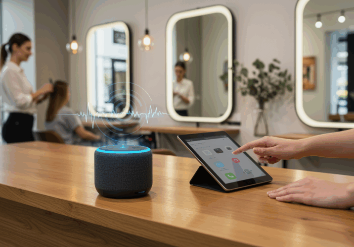Smart home voice assistant controlling smart devices and playing music in a modern living space.