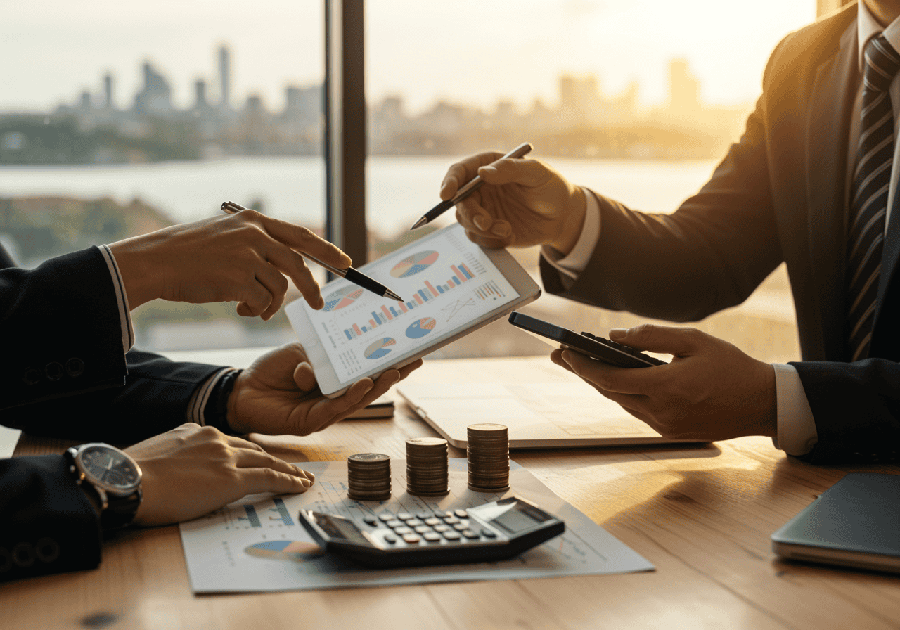 Efficient business team analyzing financial data on tablet and smartphone for strategic planning and growth.