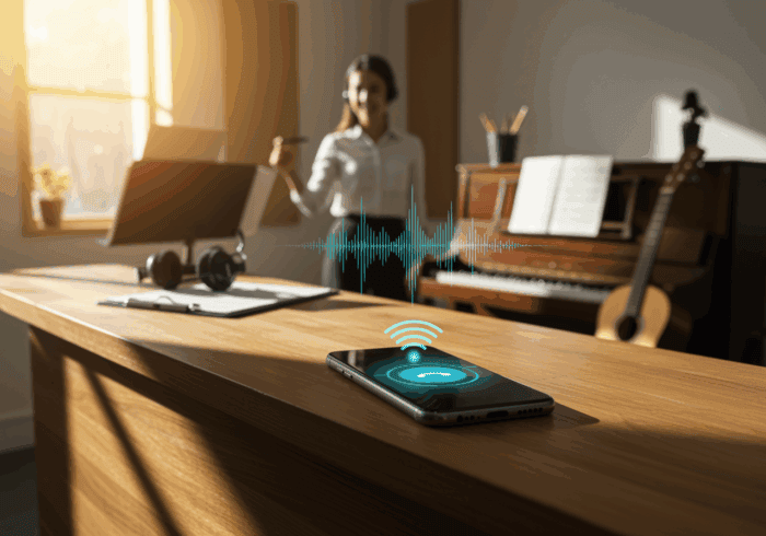 Seamless voice recognition technology with AiDial app, smart speaker, and smartphone in a cozy home office setting.