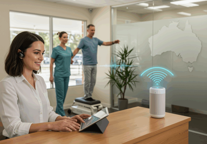 Efficient AI-powered telehealth communication using AiDial voice technology in a modern medical setting.