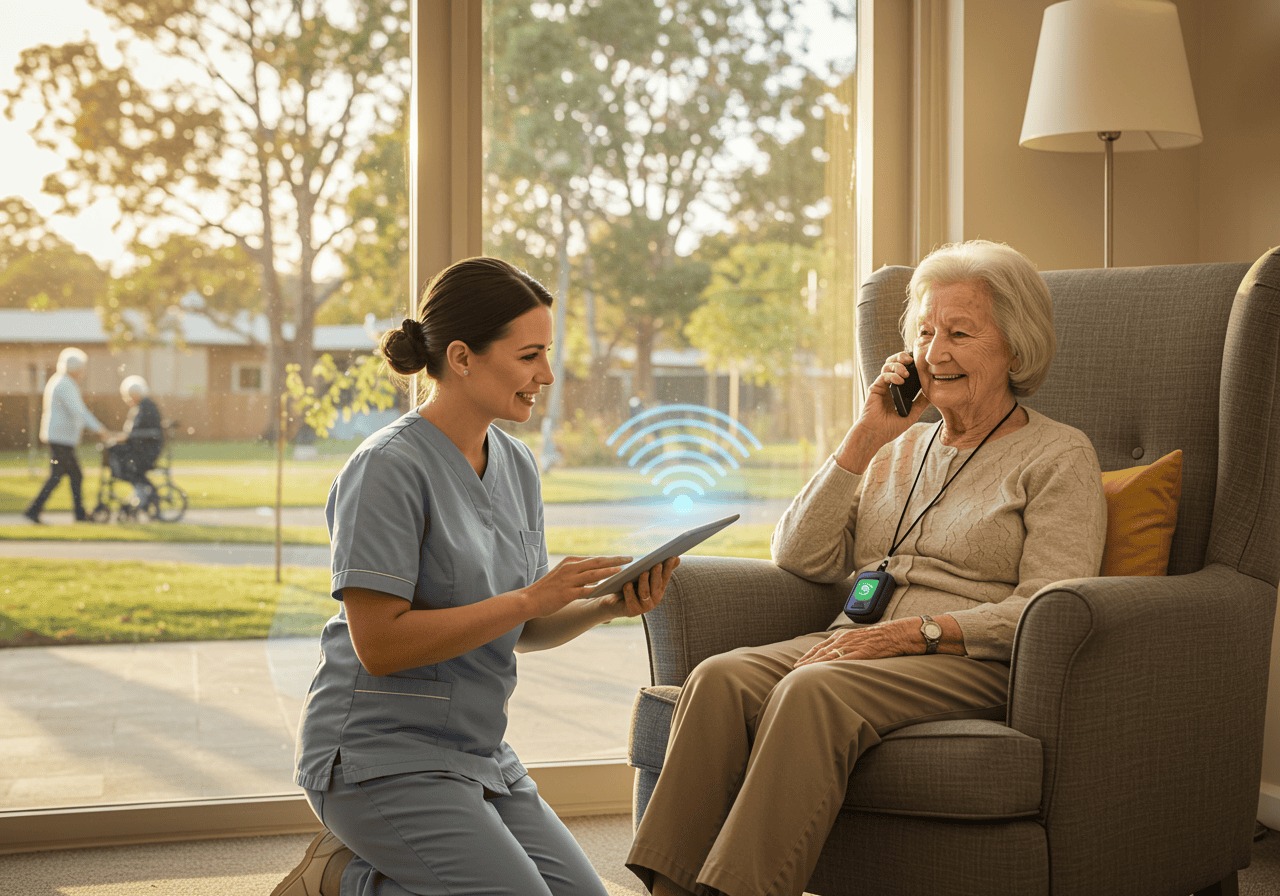 Elderly woman wearing a wireless call pendant, receiving assist from nurse, home care technology, senior care alert system, hospital patient communication device, elderly health monitoring, assisted living medical alert system.