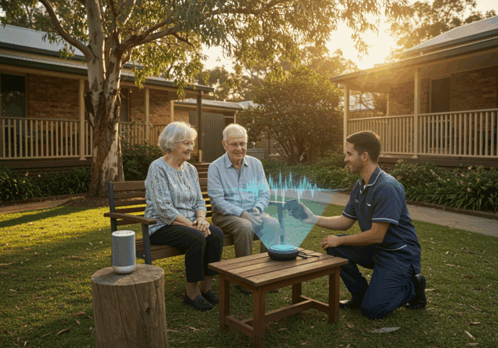 Elderly couple engaging with a smart speaker outdoors, assisted by a healthcare professional, amidst lush greenery and warm sunset lighting, showcasing technology in aged care.