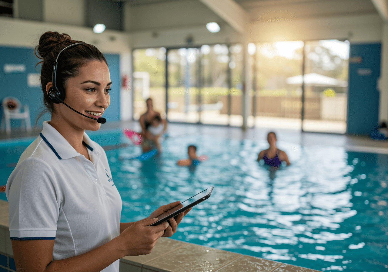 Friendly female swimming instructor with headset using a tablet at indoor pool.