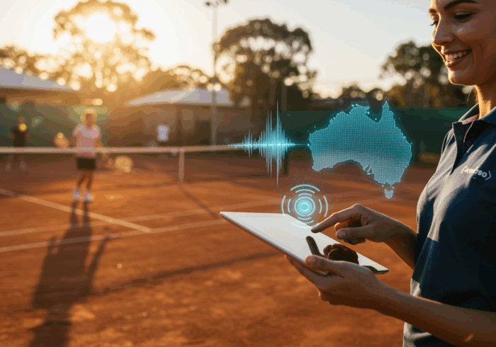 AI-powered tennis coaching using digital technology in Australian outdoor courts at sunset.