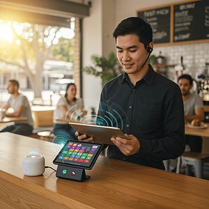 High-tech conference table with wireless communication devices in a modern cafe, showcasing advanced wireless call technology, digital tablets, and customer service solutions.