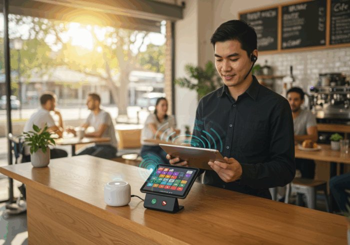 High-tech conference table with wireless communication devices in a modern cafe, showcasing advanced wireless call technology, digital tablets, and customer service solutions.