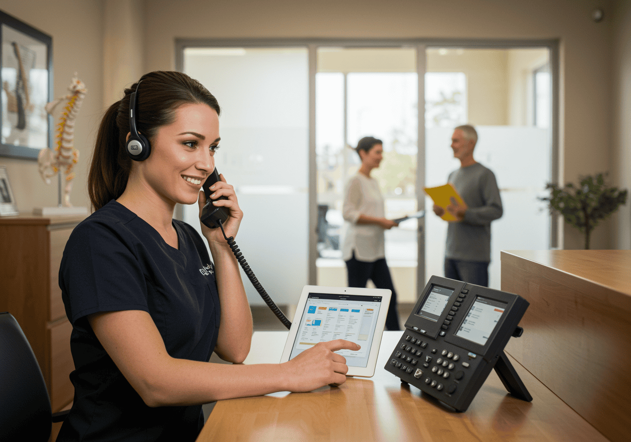 AI-powered call centre operator using digital communication tools in a modern office environment.