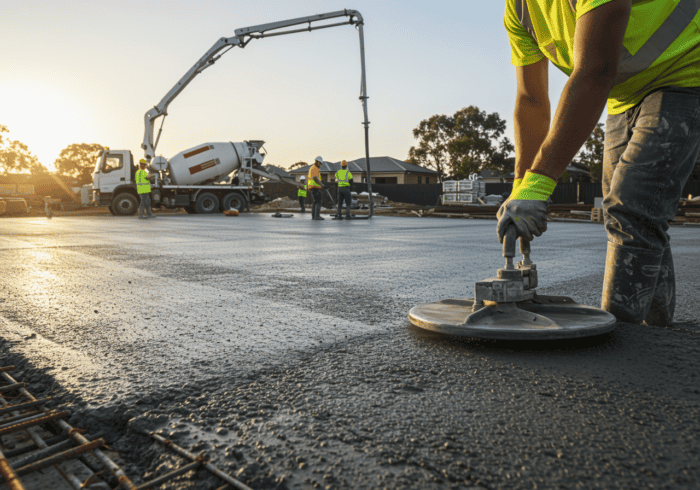 call center outbound services - A construction worker smooths freshly poured concrete using a power trowel, with a concret...